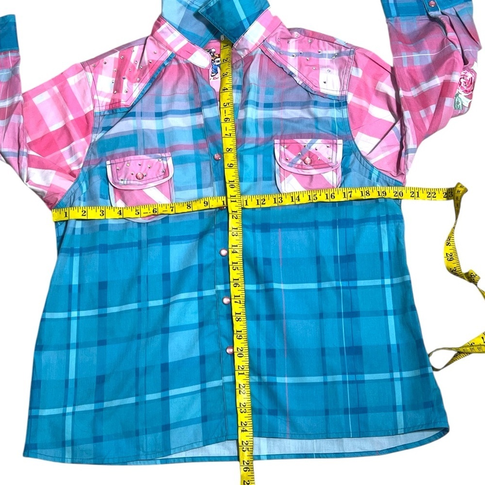 Fat Rat Family Pink Blue Plaid Rhinestone Angel Graphic Snap Button Shirt M/L - Picture 10 of 12